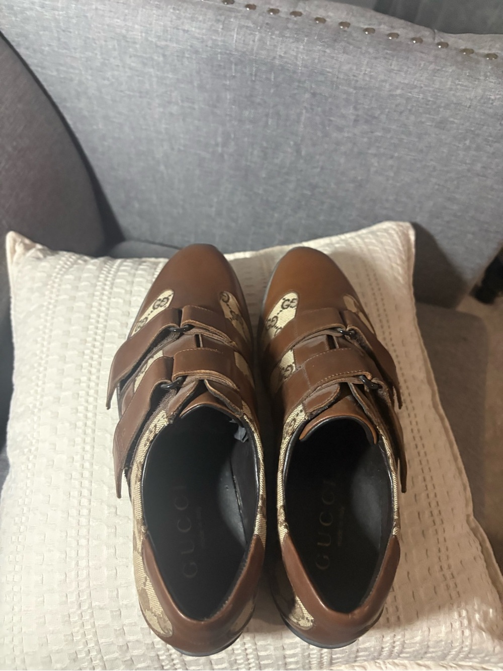 Gucci Brown Leather & GG Canvas Velcro Loafers - Men size 9 Brand New - Picture 3 of 6